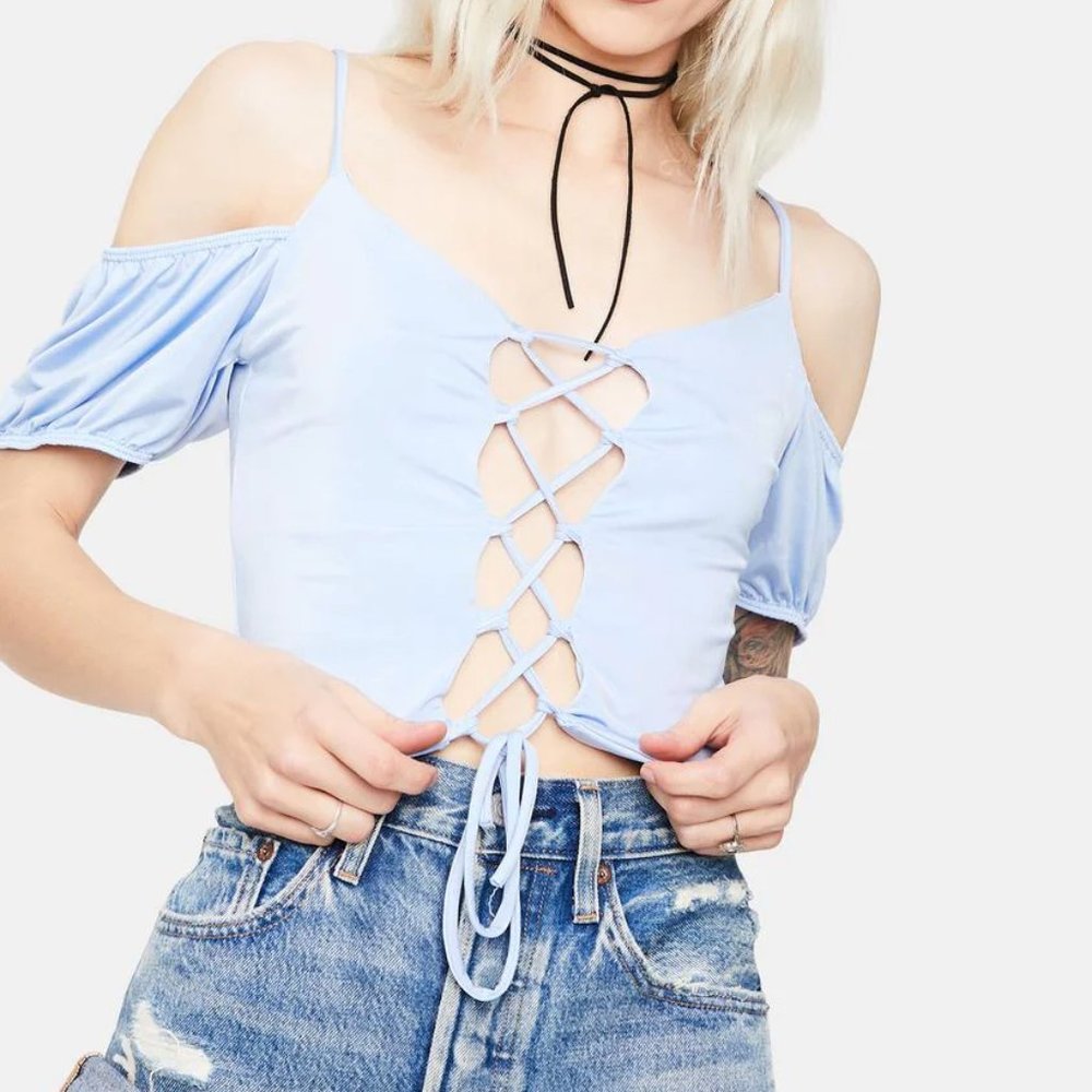 Dolls Kill Lace-Up Crop Top Light Blue | Women's Sexy Top Medium